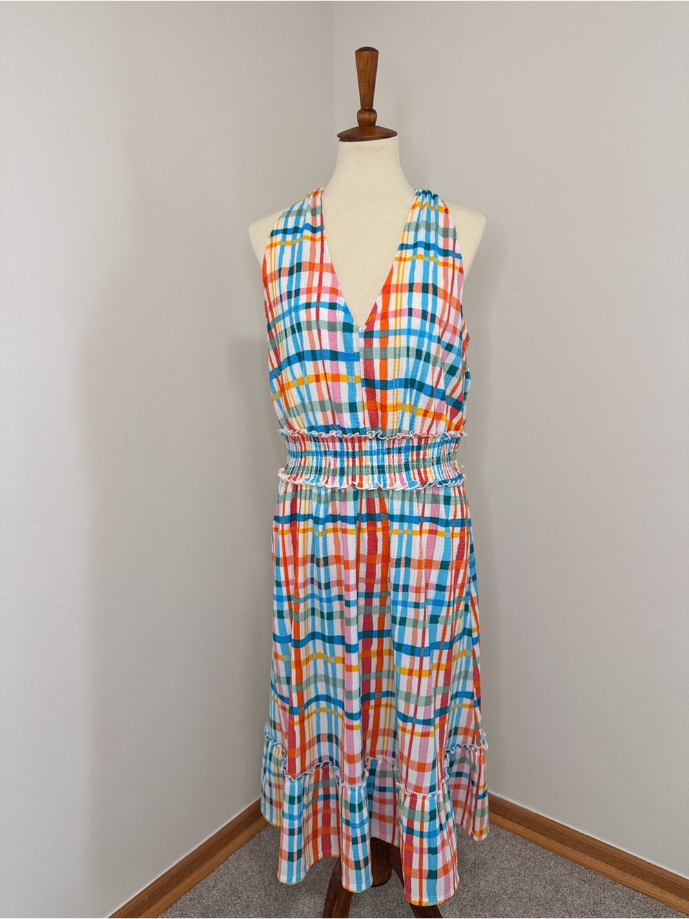 Cato Multicolor Plaid Midi Dress - Blue, Orange, Pink, Yellow, White